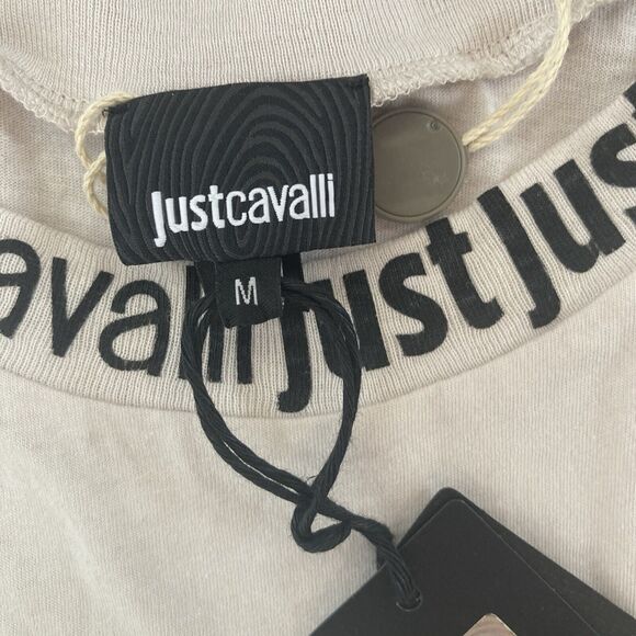 Just Cavalli Ladies Stone Col Cotton Crop T-Shirt with print on neck rib NEW - Picture 5 of 7